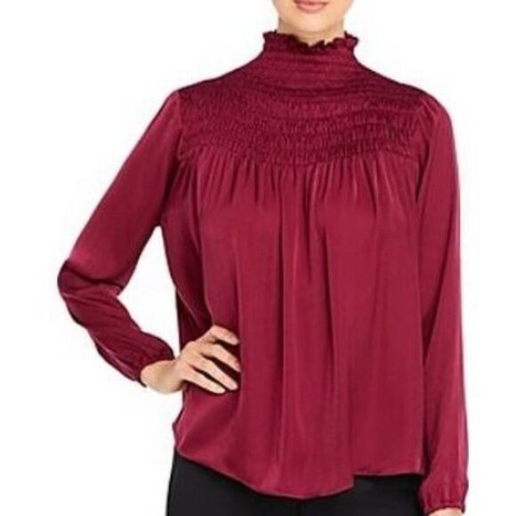 Elan Smocked Mock Neck Silky Burgundy Wine Long Sleeve Blouse NWOT Size M - Picture 1 of 10